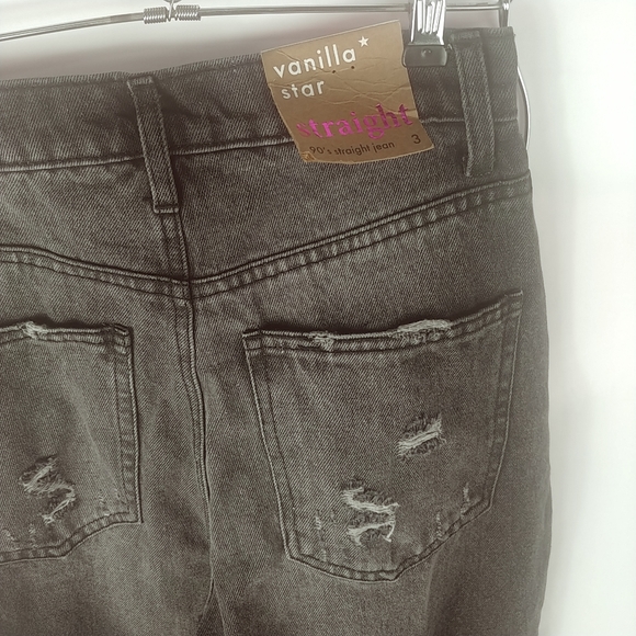 Vanilla Star 90s Straight Jean Women 3/26 Black Distressed Button Fly - Picture 8 of 8